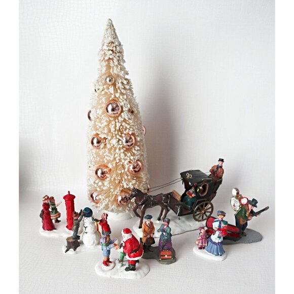 7 Vintage Dept 56 Lemax Christmas Village Figures & Bottle Brush Christmas Tree - Picture 1 of 9